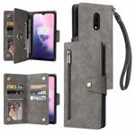 For OnePlus 7 Rivet Buckle 9 Cards Three Fold Leather Phone Case(Grey)
