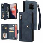 For OnePlus 7T Rivet Buckle 9 Cards Three Fold Leather Phone Case(Blue)