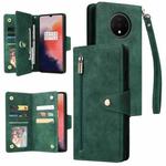 For OnePlus 7T Rivet Buckle 9 Cards Three Fold Leather Phone Case(Green)