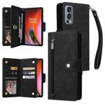 For OnePlus Nord 2 Rivet Buckle 9 Cards Three Fold Leather Phone Case(Black)