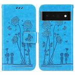 For Google Pixel 6 Pro Embossing Rose Couple Leather Phone Case(Blue)