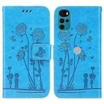 For Motorola Moto G22 Embossing Rose Couple Leather Phone Case(Blue)