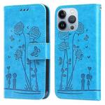 Embossing Rose Couple Leather Phone Case For iPhone 13 Pro(Blue)