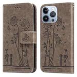Embossing Rose Couple Leather Phone Case For iPhone 13 Pro(Grey)
