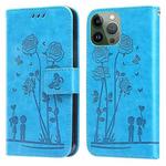 Embossing Rose Couple Leather Phone Case For iPhone 13 Pro Max(Blue)