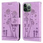 Embossing Rose Couple Leather Phone Case For iPhone 13 Pro Max(Purple)