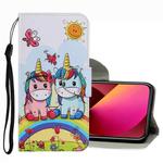 For iPhone 13 Coloured Drawing Pattern Leather Phone Case(Couple Unicorn)