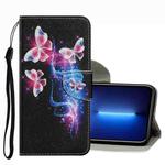 For iPhone 13 Pro Max Coloured Drawing Pattern Leather Phone Case (Three Fluorescent Butterflies)