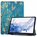 For Samsung Galaxy Tab S8 Three-folding Holder Painted TPU Smart Leather Tablet Case(Apricot Blossom)