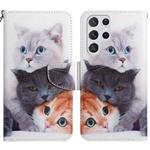 For Samsung Galaxy S22 Ultra 5G Painted Pattern Horizontal Flip Leather Phone Case(Three Cats)