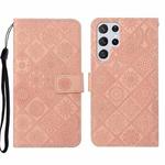 For Samsung Galaxy S22 Ultra 5G Ethnic Style Embossed Pattern Leather Phone Case(Pink)