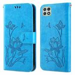 For Samsung Galaxy A22 5G Lotus Embossed Flip Leather Phone Case(Blue)