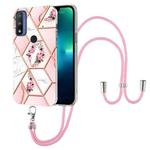 For Motorola Moto G Pure Splicing Marble Flower Pattern TPU Phone Case with Lanyard(Pink Flower)