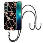 For Motorola Moto G200 Splicing Marble Flower Pattern TPU Phone Case with Lanyard(Black Flower)