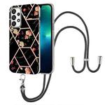 For Samsung Galaxy A73 5G Splicing Marble Flower Pattern TPU Phone Case with Lanyard(Black Flower)