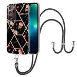 For Samsung Galaxy Note20 Ultra Splicing Marble Flower Pattern TPU Phone Case with Lanyard(Black Flower)