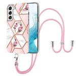 For Samsung Galaxy S22 5G Splicing Marble Flower Pattern TPU Phone Case with Lanyard(Pink Flower)