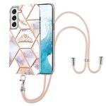 For Samsung Galaxy S22 5G Splicing Marble Flower Pattern TPU Phone Case with Lanyard(Imperial Crown)