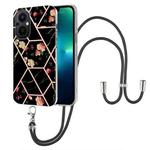 For OnePlus Nord N20 5G Splicing Marble Flower Pattern TPU Phone Case with Lanyard(Black Flower)