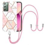 For Samsung Galaxy Note20 Electroplating Splicing Marble TPU Phone Case with Lanyard(Pink White)