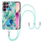 For Samsung Galaxy S22 Ultra 5G Electroplating Splicing Marble TPU Phone Case with Lanyard(Green)