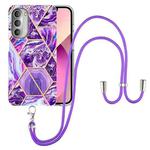 For Motorola Moto G51 5G Electroplating Splicing Marble TPU Phone Case with Lanyard(Dark Purple)