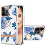 For iPhone 13 Pro Ring IMD Flowers TPU Phone Case (Blue Peony)