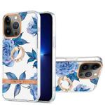 For iPhone 13 Pro Max Ring IMD Flowers TPU Phone Case (Blue Peony)