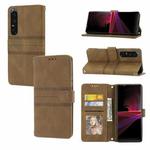 For Sony Xperia 1 IV Embossed Striped Magnetic Buckle Horizontal Flip Phone Leather Case(Brown)