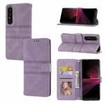 For Sony Xperia 1 IV Embossed Striped Magnetic Buckle Horizontal Flip Phone Leather Case(Purple)