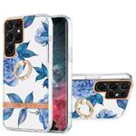 For Samsung Galaxy S22 Ultra 5G Ring IMD Flowers TPU Phone Case(Blue Peony)