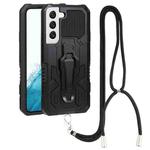 For Samsung Galaxy S22 5G Lanyard Mecha Armor Kickstand PC + TPU Phone Case(Black)