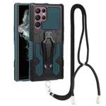 For Samsung Galaxy S22 Ultra 5G Lanyard Mecha Armor Kickstand PC + TPU Phone Case(Green)