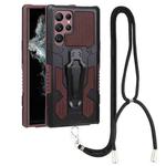 For Samsung Galaxy S22 Ultra 5G Lanyard Mecha Armor Kickstand PC + TPU Phone Case(Brown)