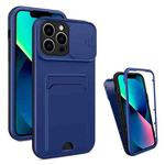 3 in 1 Sliding Camshield Card Phone Case For iPhone 13 Pro(Black + Sapphire Blue)