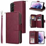 For Samsung Galaxy S22+ 5G 9 Card Slots Zipper Wallet Bag Leather Phone Case(Wine Red)