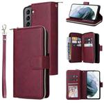 For Samsung Galaxy S22 5G 9 Card Slots Zipper Wallet Bag Leather Phone Case(Wine Red)