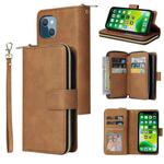 For iPhone 13 mini 9 Card Slots Zipper Wallet Bag Leather Phone Case (Brown)