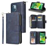 For iPhone 13 9 Card Slots Zipper Wallet Bag Leather Phone Case(Blue)