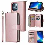For iPhone 13 Pro Max 9 Card Slots Zipper Wallet Bag Leather Phone Case (Rose Gold)