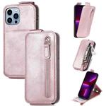 For iPhone 13 Pro Max Zipper Wallet Vertical Flip Leather Phone Case (Rose Gold)