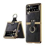 For Samsung Galaxy Z Flip3 5G Leather Texture PC Ring Holder Phone Case(Black)