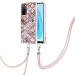 For OPPO A53s 5G / A55 5G Electroplating IMD TPU Phone Case with Lanyard(Pink Scales)