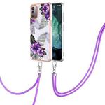 For Nokia G21 / G11 Electroplating IMD TPU Phone Case with Lanyard(Purple Flower)