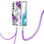 For Samsung Galaxy S22+ 5G Electroplating IMD TPU Phone Case with Lanyard(Purple Flower)
