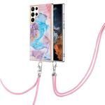 For Samsung Galaxy S22 Ultra 5G Electroplating IMD TPU Phone Case with Lanyard(Blue Marble)