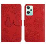 For OnePlus Nord CE2 Lite/Realme 9 Pro 5G/Realme V25 Skin Feel Butterfly Peony Embossed Leather Phone Case(Red)