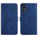 For Motorola Moto G 5G 2022 Skin Feel Butterfly Peony Embossed Leather Phone Case(Blue)