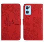 For OPPO Find X5 Lite Skin Feel Butterfly Peony Embossed Leather Phone Case(Red)