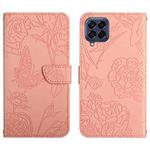 For Samsung Galaxy M33 Skin Feel Butterfly Peony Embossed Leather Phone Case(Pink)